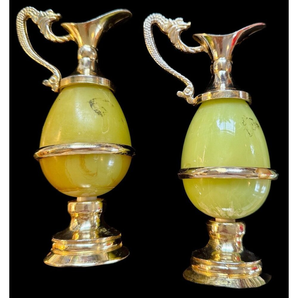 Vintage Pair of Onyx Brass England Small Vases Pitchers Jugs